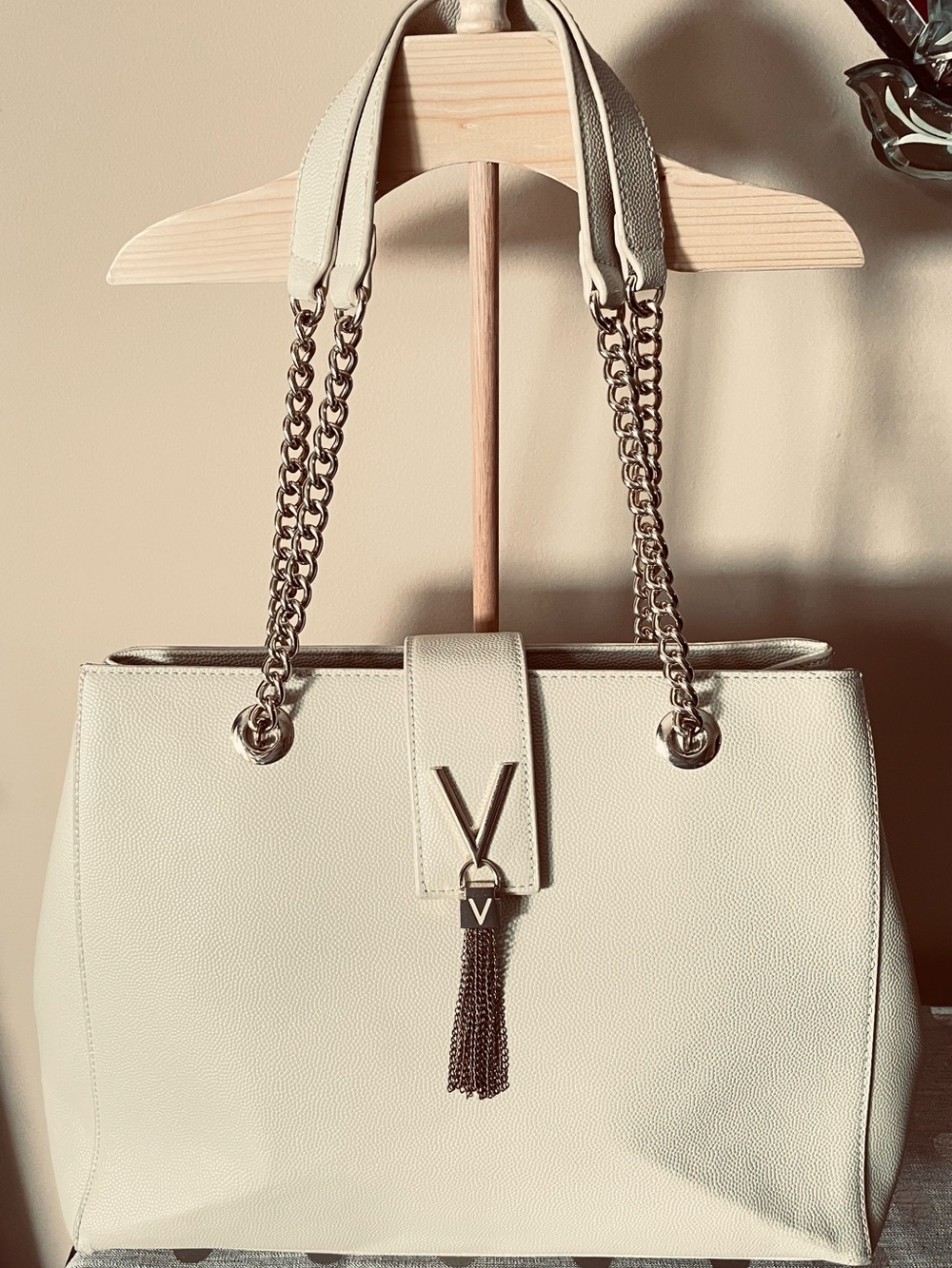 “Mario Valentino” Cream Color    Shoulder Bag with Gold Chain Detail.